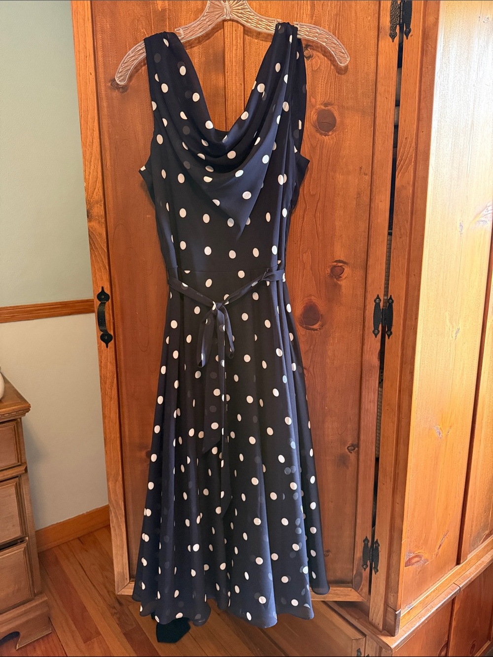 Polka Dot Cowl Neck Midi Dress in Navy and White